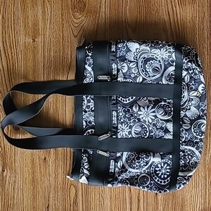 Lesportsac Shoulder Bag Black White Floral Print with Yellow Accents